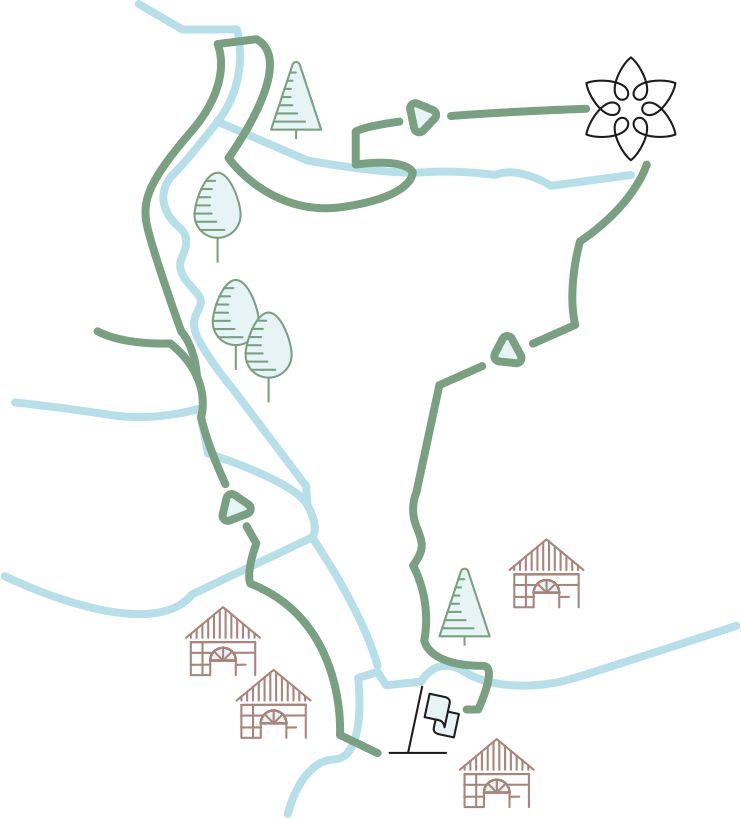 Die Karte zeigt eine freundlich und klar gestaltete Illustration der Wanderregion rund um die Adorfer Klippe am Diemelsee. Die Klippe ist rechts oben auf der Karte als markanter Punkt hervorgehoben. Start- und Zielpunkte eines Wanderwegs entlang des Sees sind deutlich gekennzeichnet. In der Umgebung sind bewaldete Flächen sowie Flussläufe eingezeichnet, die die abwechslungsreiche Landschaft der Region darstellen. Die Zeichnung vermittelt sowohl Orientierung als auch die besondere Atmosphäre der Gegend durch ihre detailreiche und ansprechende Gestaltung.