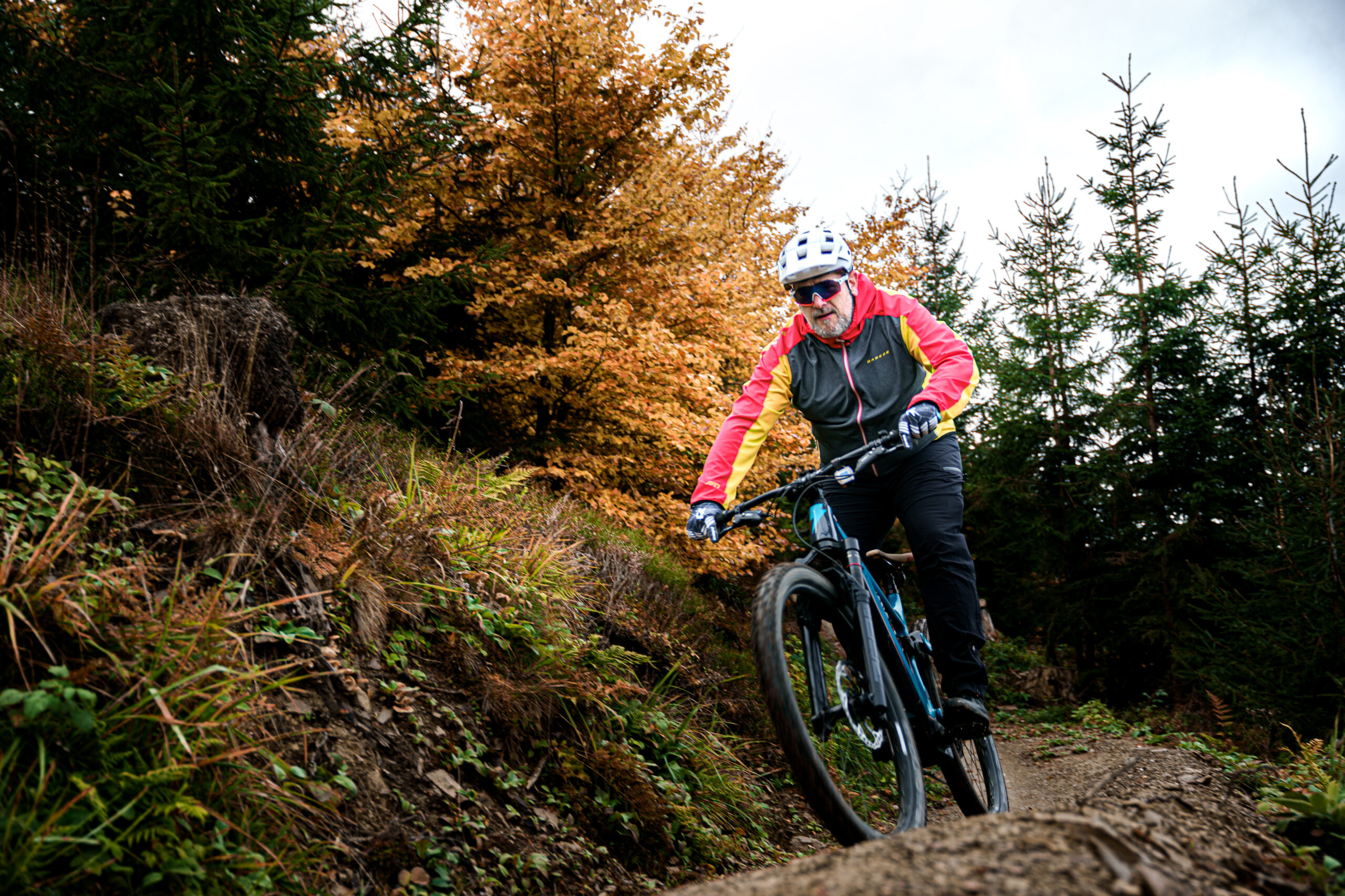 Ein Mountainbiker trägt eine auffällige gelb-rote Jacke, einen Fahrradhelm und eine Sonnenbrille. Er fährt aus einem dichten, schattigen Waldstück heraus auf einem schmalen, befestigten Trail, der leicht bergab verläuft. Der Untergrund ist trocken durchzogen. Im Hintergrund sind hohe Bäume und grünes Buschwerk sichtbar. Der Fahrer ist in Vorwärtsposition, wirkt konzentriert und bewegt sich mit Tempo und Kontrolle.